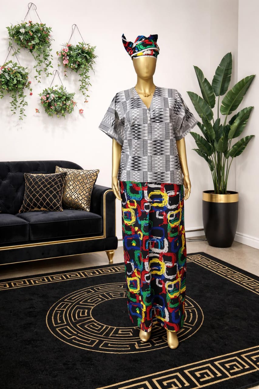 Kente-print top with multicolor wide-leg trousers and headwrap