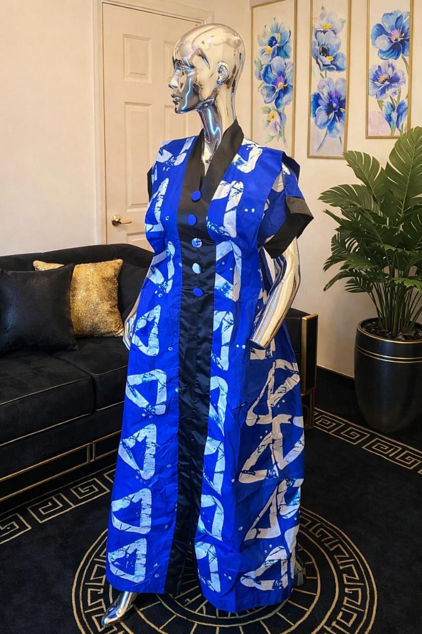 Royal blue printed kaftan with black contrast lapel