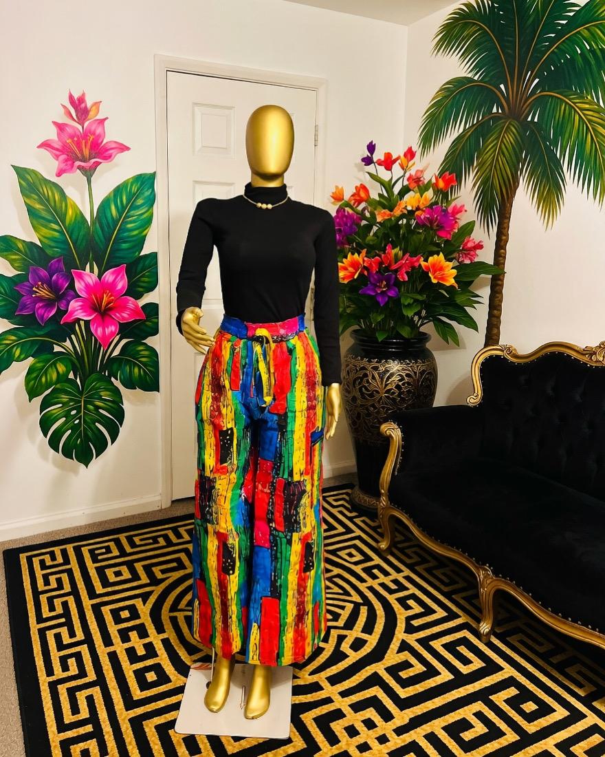 Multicolor abstract painted wide-leg trousers
